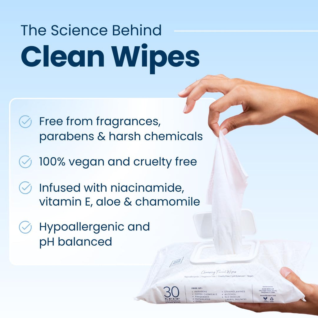 Clean Skin Club XL Makeup Remover Wipes – Dual-Sided, Fragrance-Free & Vegan (30 Count)