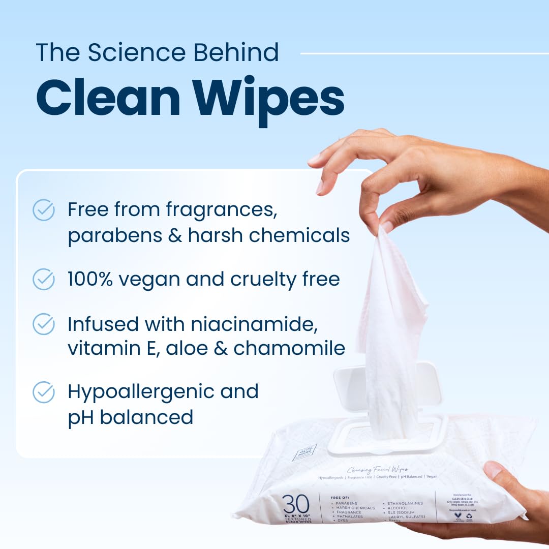 Clean Skin Club XL Makeup Remover Wipes – Dual-Sided, Fragrance-Free & Vegan (30 Count)
