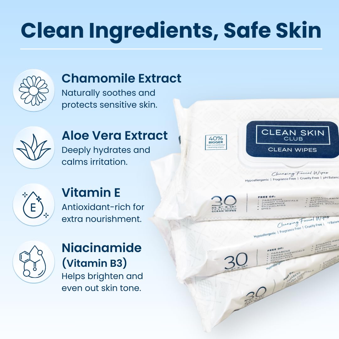 Clean Skin Club XL Makeup Remover Wipes – Dual-Sided, Fragrance-Free & Vegan (30 Count)
