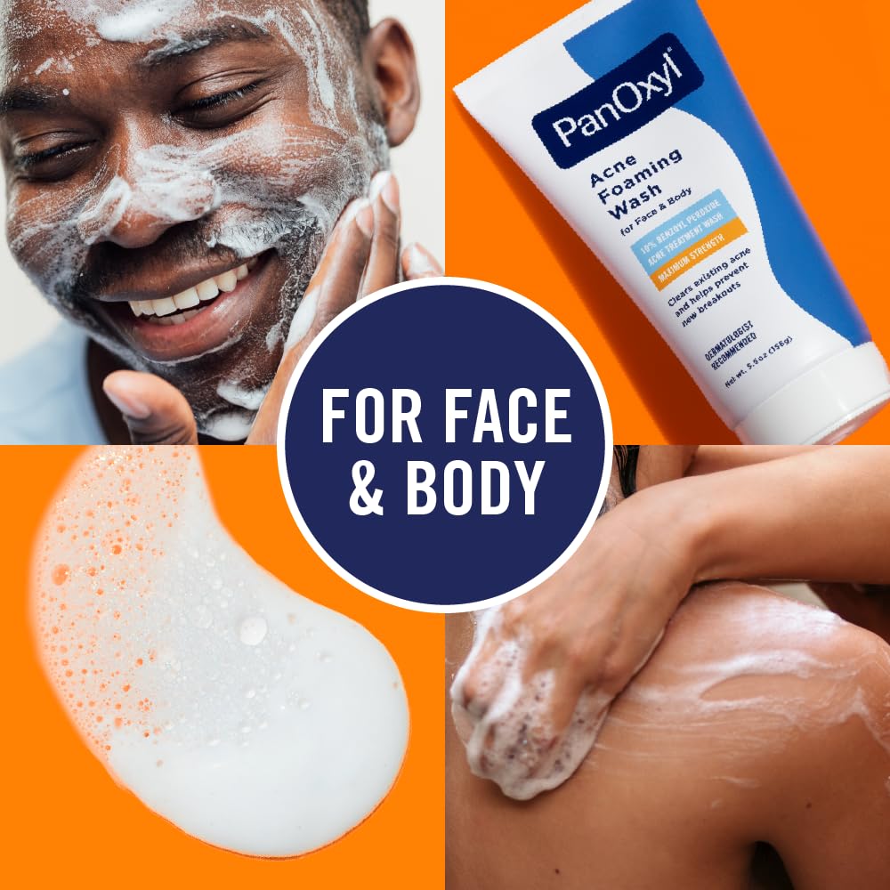 PanOxyl 10% Benzoyl Peroxide Acne Foaming Wash – Maximum Strength Face & Body Cleanser