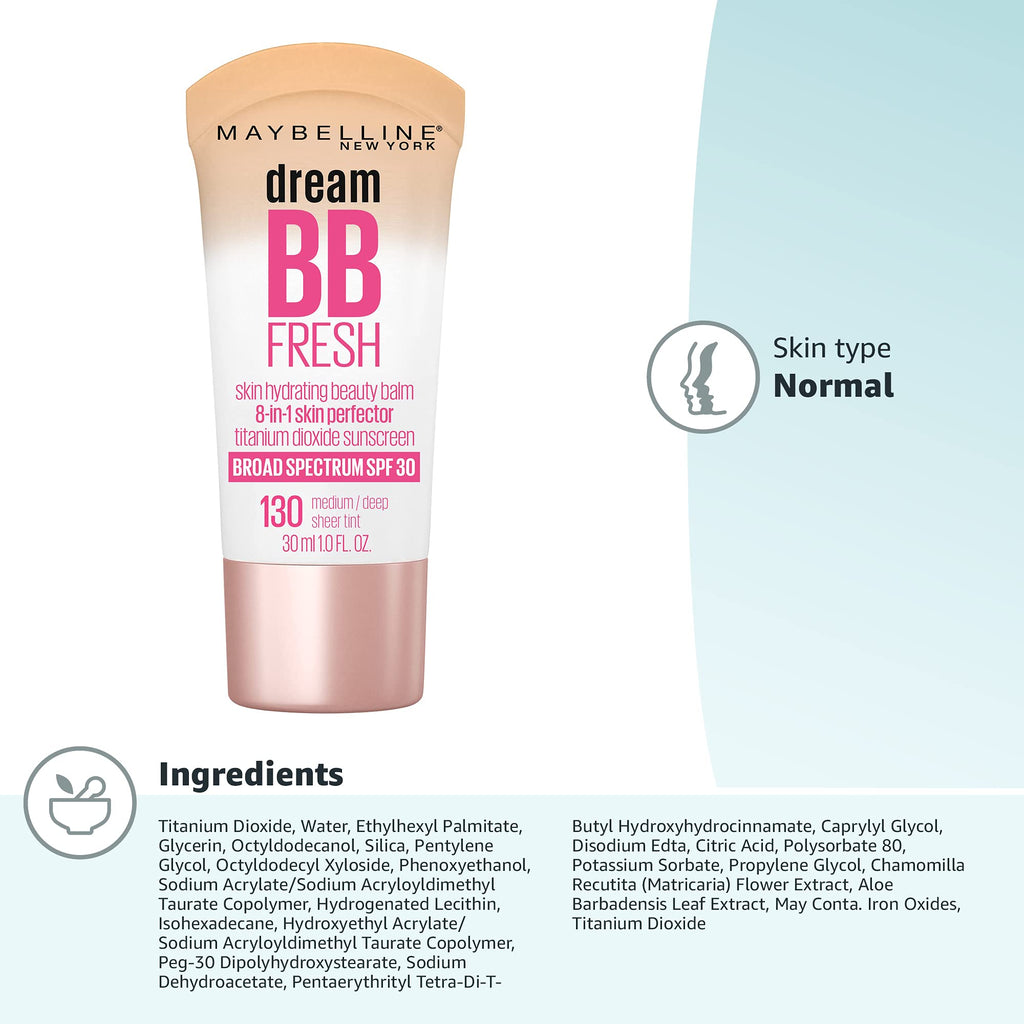 Maybelline Dream Fresh Skin Hydrating BB cream, 8-in-1 Skin Perfecting Beauty Balm with Broad Spectrum SPF 30, Sheer Tint Coverage, Oil-Free, Light/Medium, 1 Fl Oz