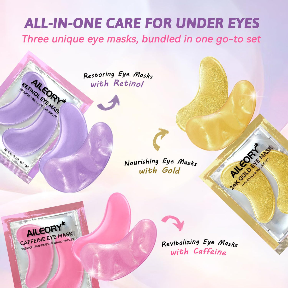 AILEORY Under Eye Patches – Tri-Color Glitter Gel Pads | Dark Circles, Puffiness & Wrinkles