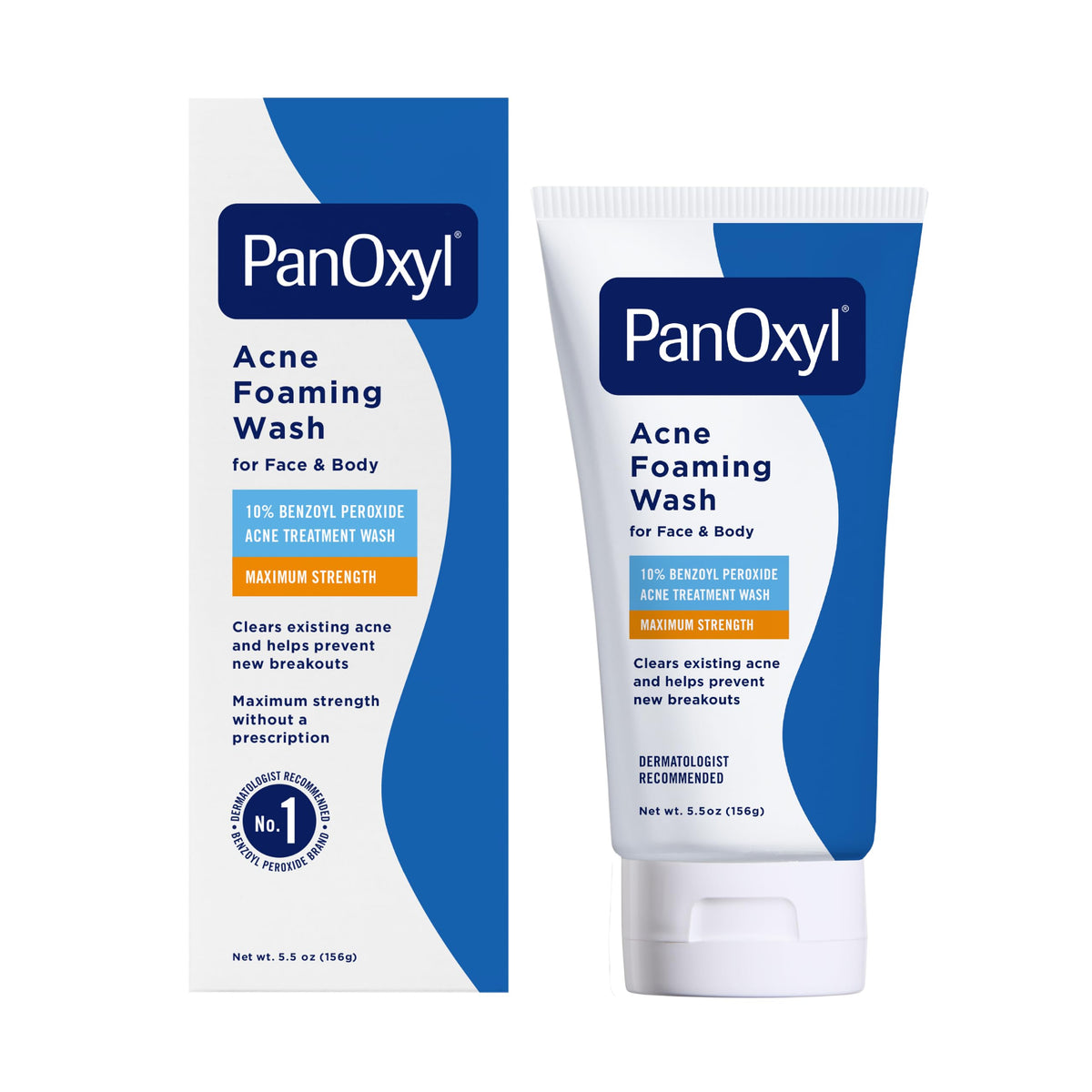 PanOxyl Acne Foaming Wash shown as a white squeeze tube with a white cap next to its matching blue and white retail box on a plain white background.