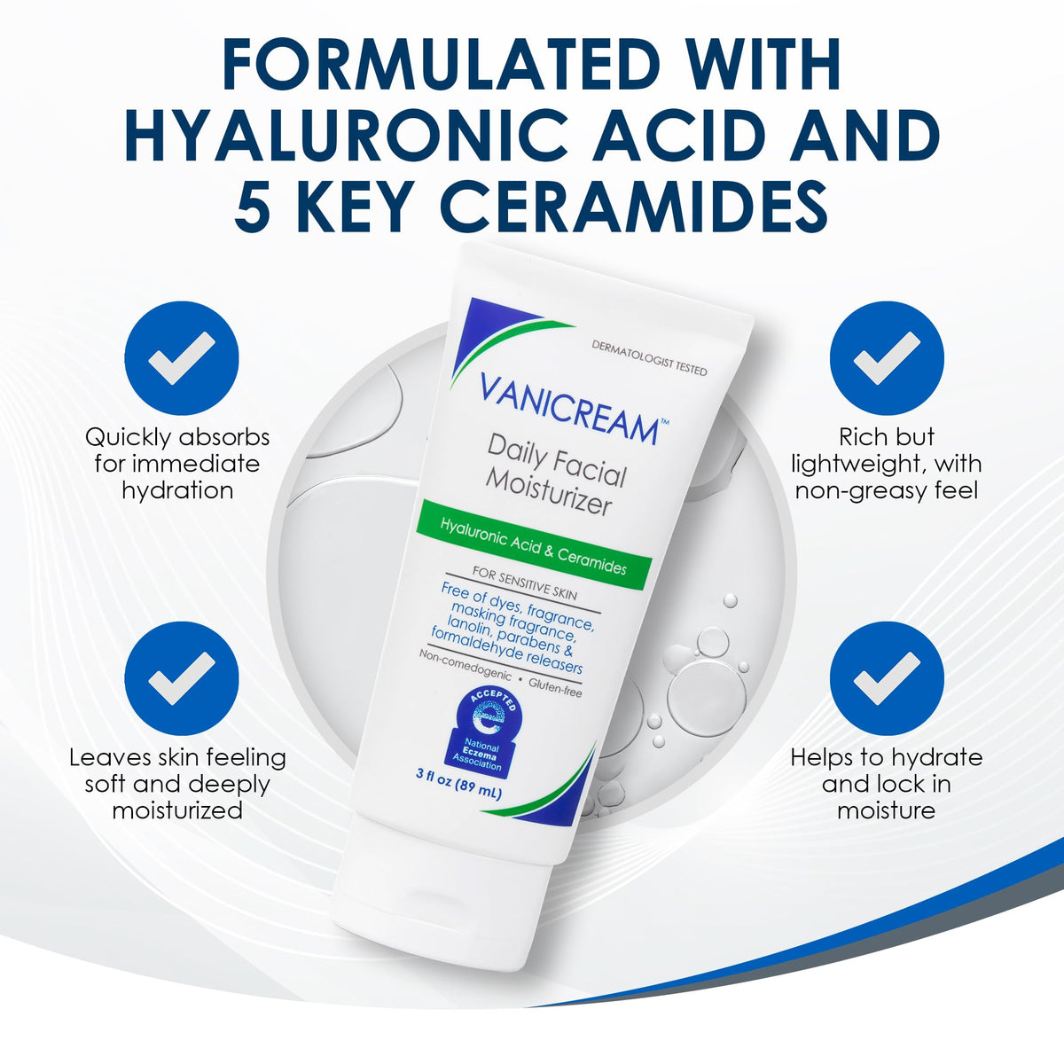 Vanicream Daily Facial Moisturizer – Lightweight & Non-Greasy with Hyaluronic Acid & Ceramides (3 Fl Oz)