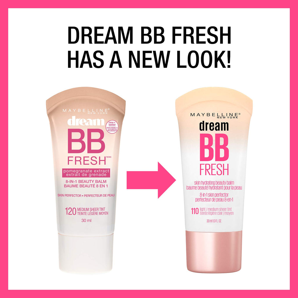 Maybelline Dream Fresh Skin Hydrating BB cream, 8-in-1 Skin Perfecting Beauty Balm with Broad Spectrum SPF 30, Sheer Tint Coverage, Oil-Free, Light/Medium, 1 Fl Oz