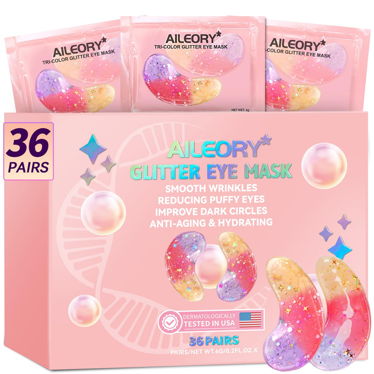 AILEORY Under Eye Patches – Tri-Color Glitter Gel Pads | Dark Circles, Puffiness & Wrinkles