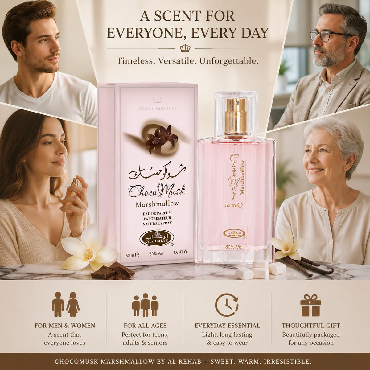Al-Rehab Choco Musk Eau de Parfum – Warm Gourmand Women’s Fragrance with Chocolate, Vanilla & Musk (50ml)
