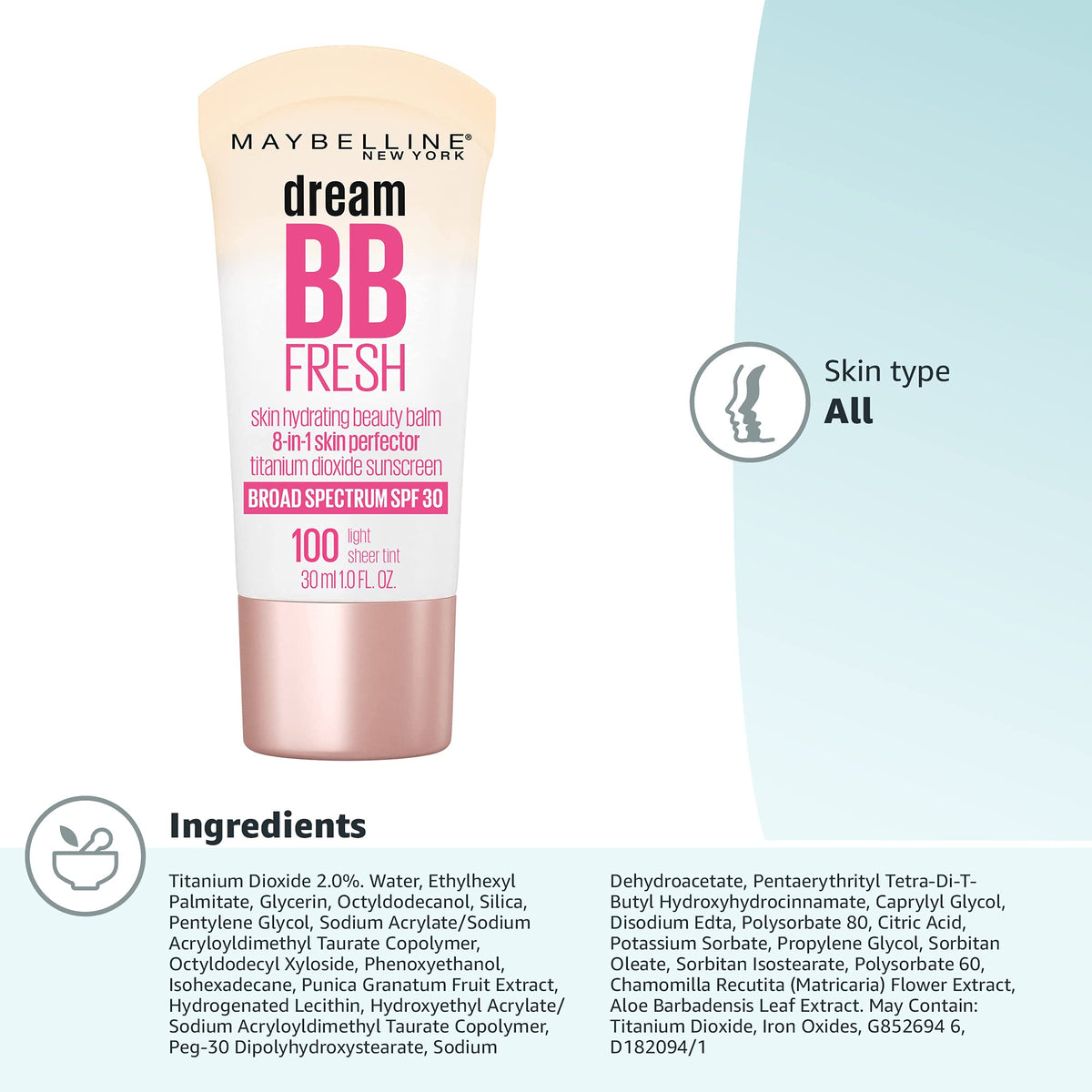 Maybelline Dream Fresh Skin Hydrating BB cream, 8-in-1 Skin Perfecting Beauty Balm with Broad Spectrum SPF 30, Sheer Tint Coverage, Oil-Free, Light/Medium, 1 Fl Oz
