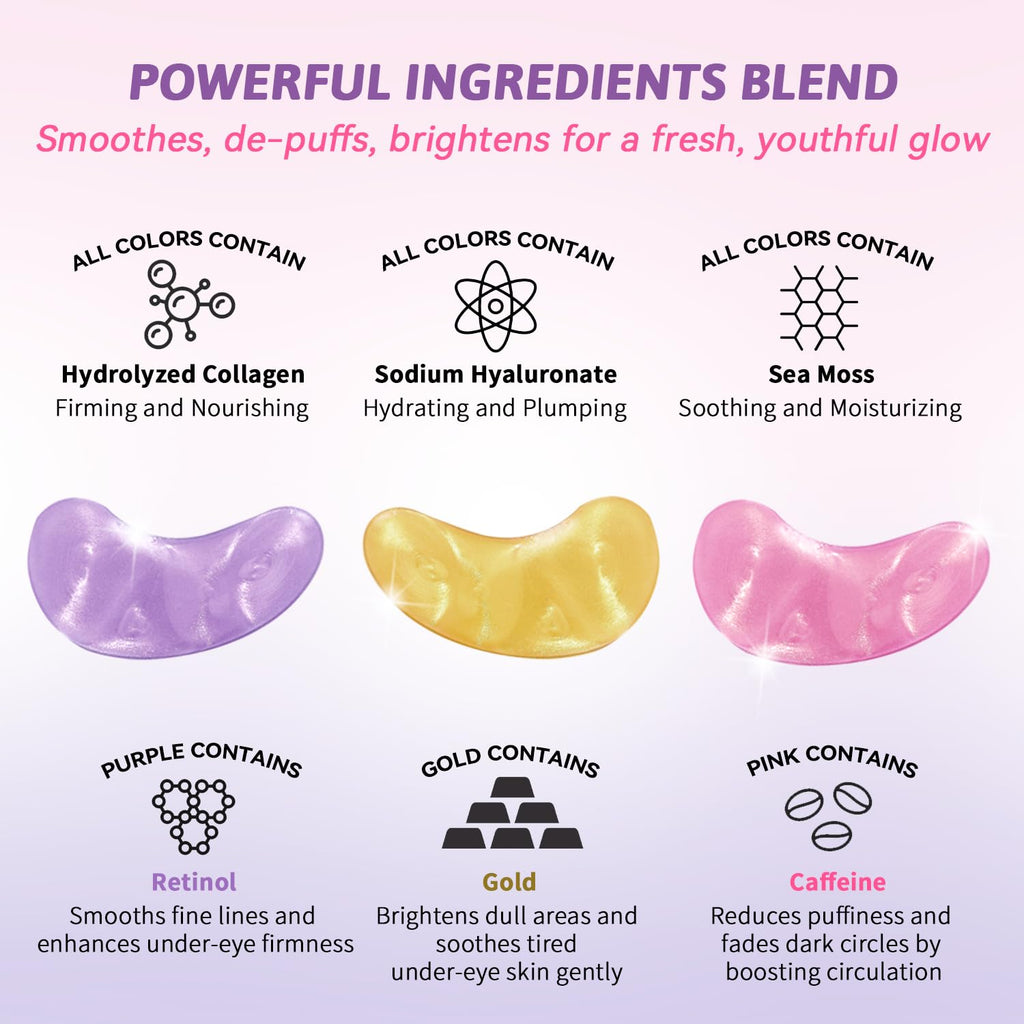 AILEORY Under Eye Patches – Tri-Color Glitter Gel Pads | Dark Circles, Puffiness & Wrinkles