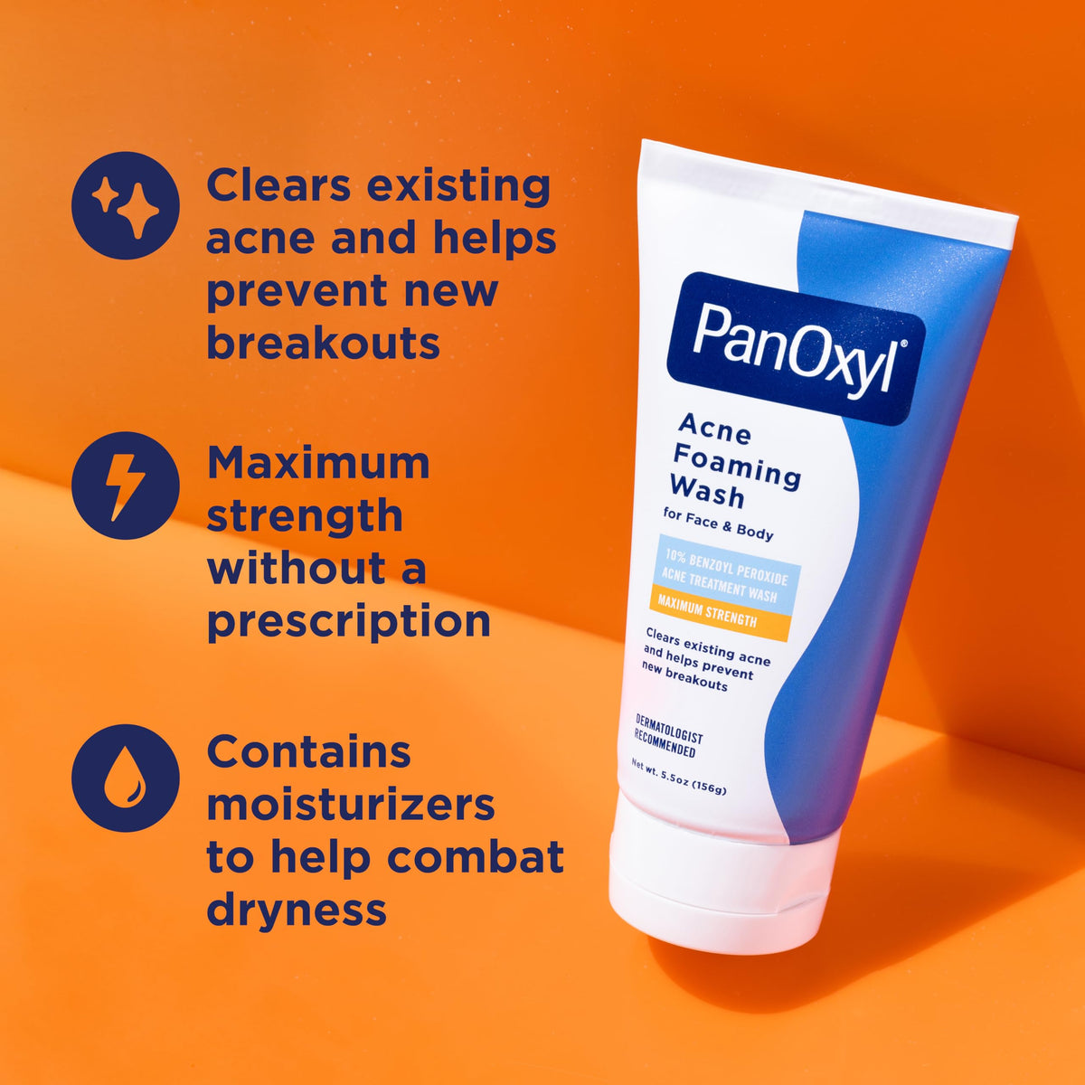 PanOxyl 10% Benzoyl Peroxide Acne Foaming Wash – Maximum Strength Face & Body Cleanser