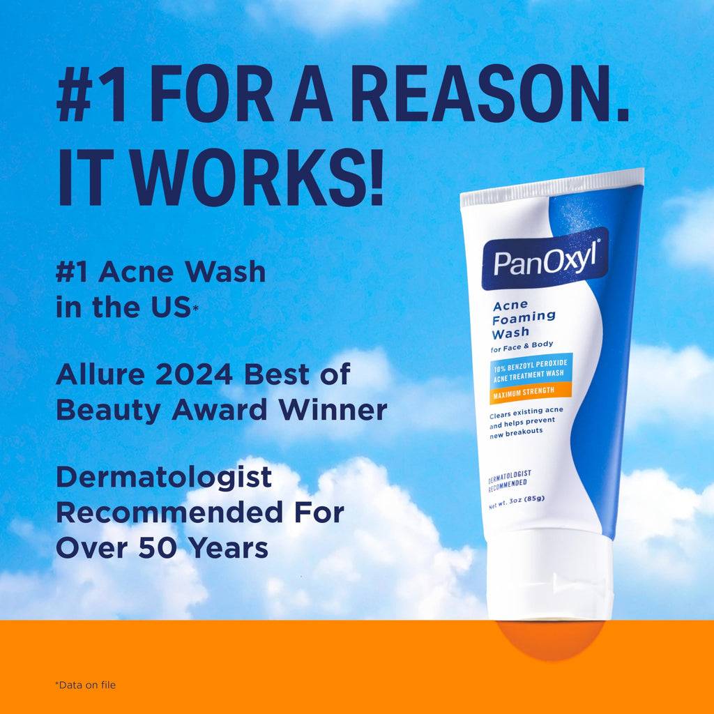 PanOxyl 10% Benzoyl Peroxide Acne Foaming Wash – Maximum Strength Face & Body Cleanser
