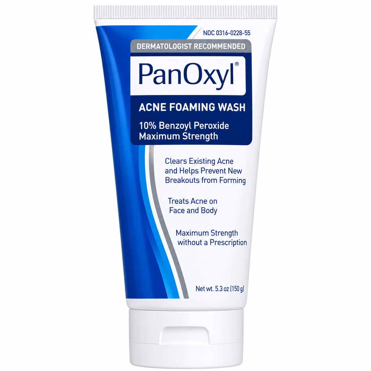A 5.3 oz squeeze tube of PanOxyl Acne Foaming Wash, 10% Benzoyl Peroxide Maximum Strength, featuring a blue and white label on a clean white background.