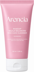 A pink squeeze tube of Arencia Rosehip Mild pH Balancing Rice Cake Cleanser with a white cap, shown against a plain white background.