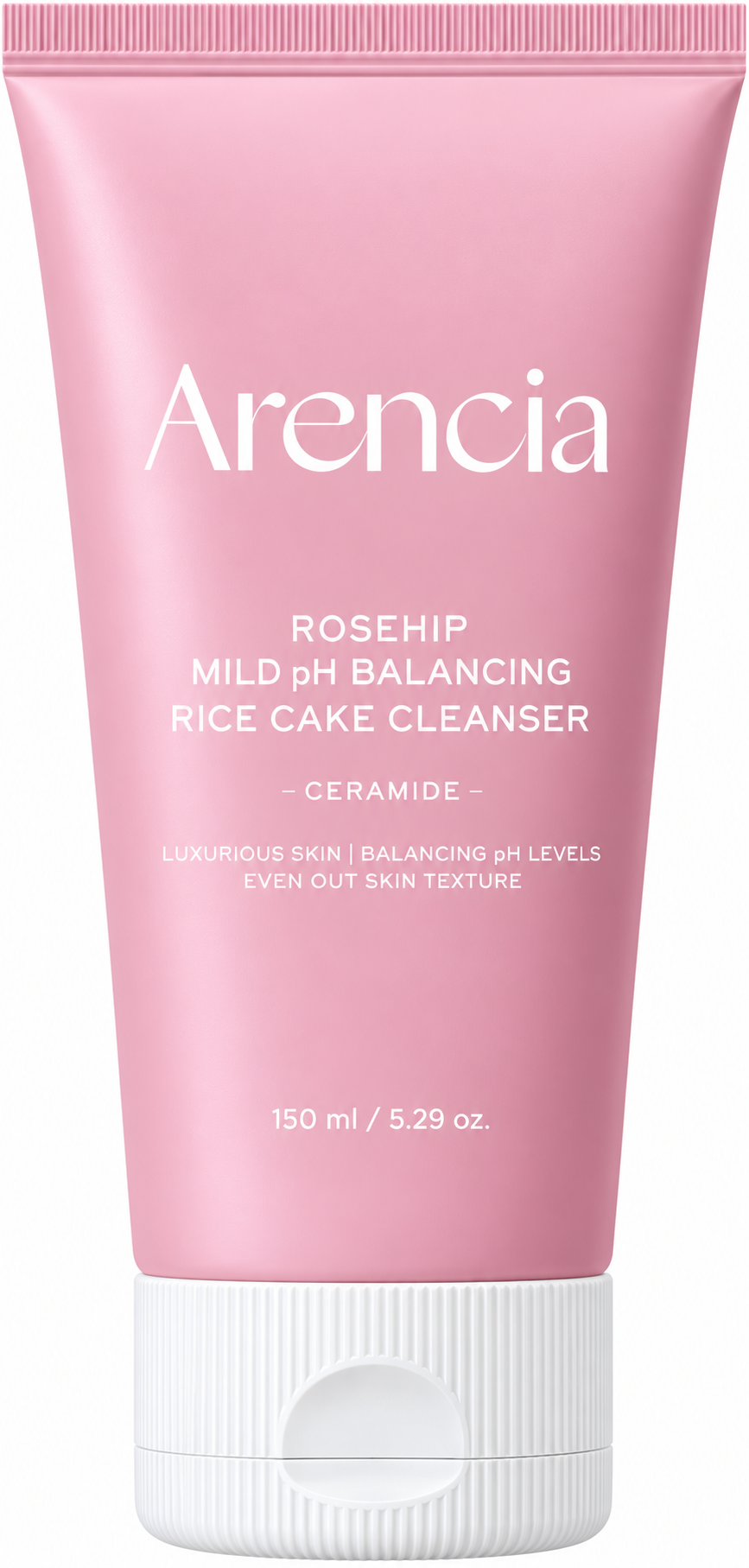 A pink squeeze tube of Arencia Rosehip Mild pH Balancing Rice Cake Cleanser with a white cap, shown against a plain white background.