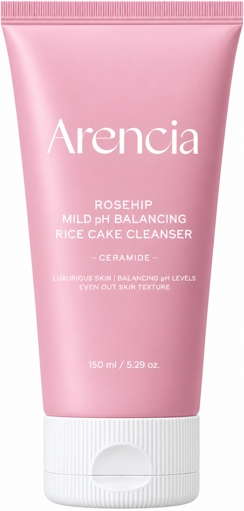 A pink squeeze tube of Arencia Rosehip Mild pH Balancing Rice Cake Cleanser with a white cap, shown against a plain white background.
