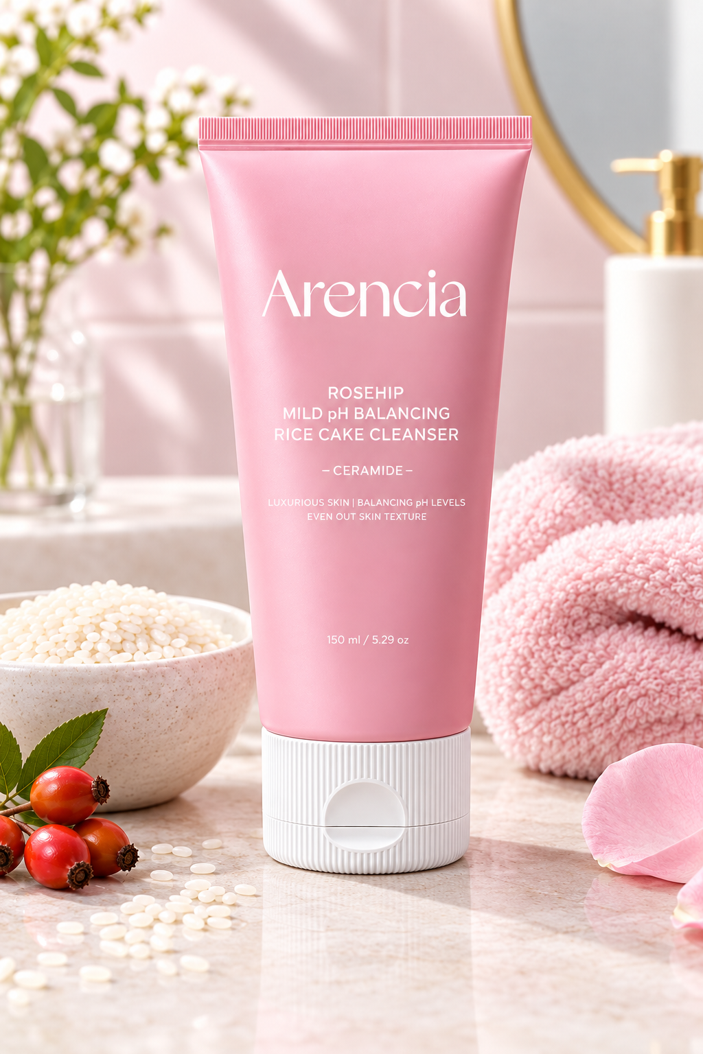 Arencia Rosehip cleanser in a pink tube with rice and rosehip accents.
