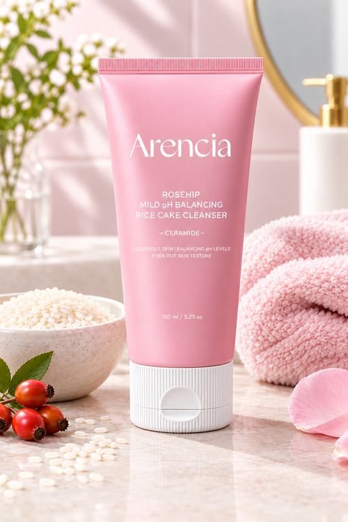 Arencia Rosehip cleanser in a pink tube with rice and rosehip accents.
